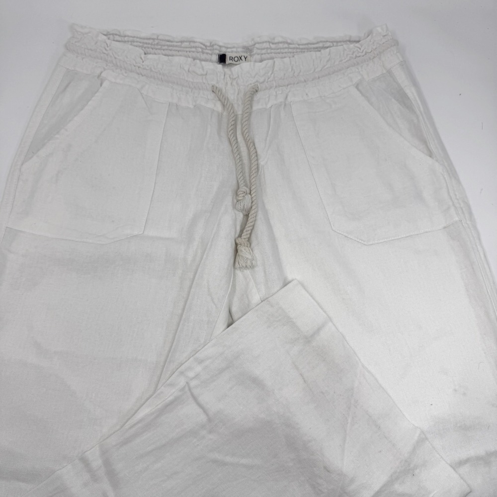 Roxy Oceanside White Linen Blend Wide Leg Smocked Drawstring Pants ARJNP03006 M